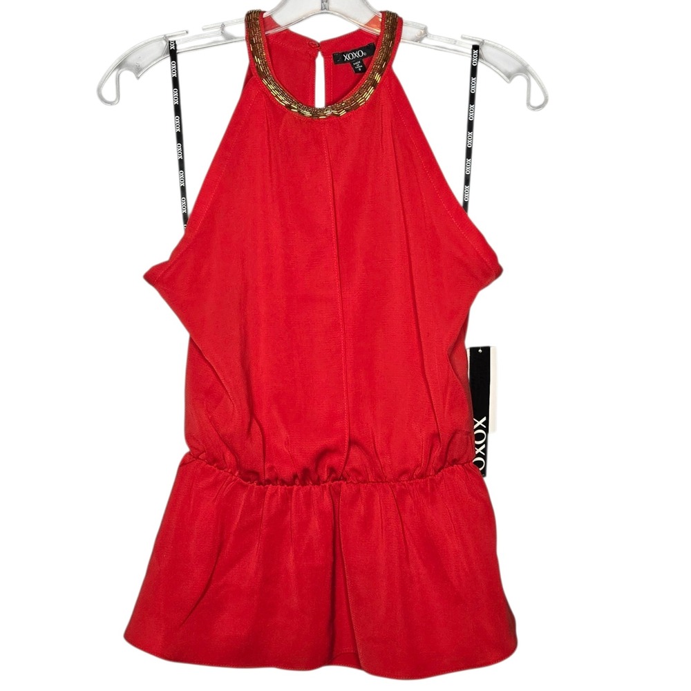 NWT XOXO Red Halter Top Small Beaded Neck Cutout Lace Panel Peplum Blouse